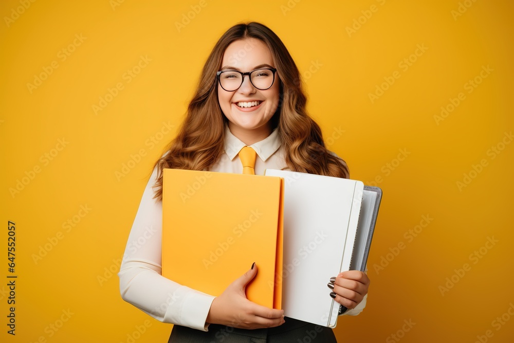 Young plus size businesswoman smiling happy holding binder in the office. Generative AI Young plus size businesswoman smiling happy holding binder in the office. Generative AI
