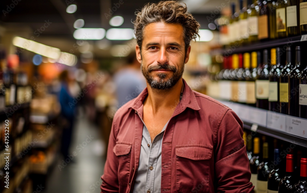 A smiling man at the supermarket in the wine and spirits aisle A smiling man at the supermarket in the wine and spirits aisle