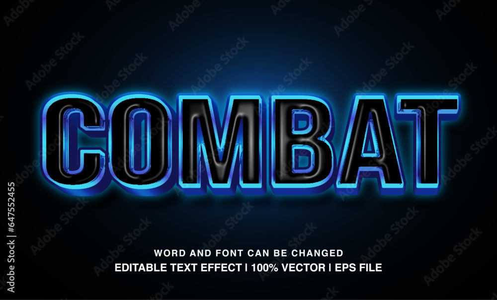 Combat editable text effect template, 3d bold glossy blue neon light typeface, premium vector