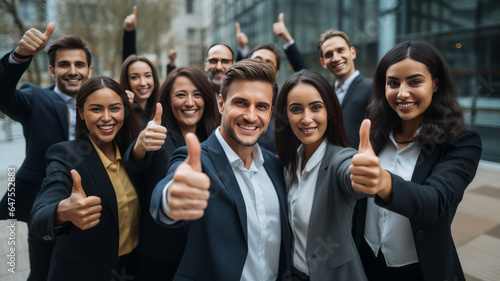 overjoyed young diverse employees workers show thumb up recommend good quality company service.generative ai