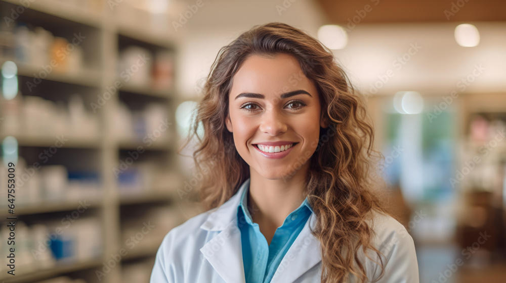 photograph of Smiling portrait of a handsome pharmacist in a pharmacy store.generative ai