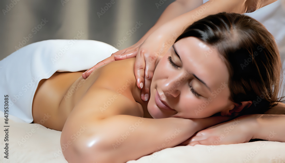 Fototapeta premium woman relaxing in spa, elegant portrayal of a young woman experiencing the elegance of a back and shoulder massage, Ai generative