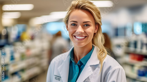 photograph of Smiling portrait of a handsome pharmacist in a pharmacy store.generative ai