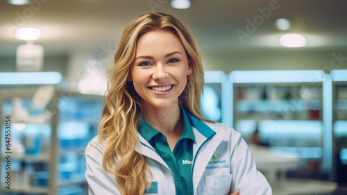 photograph of Smiling portrait of a handsome pharmacist in a pharmacy store.generative ai