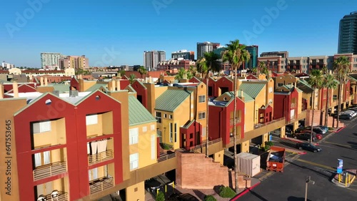 Bright adobe style apartments in Tempe, Arizona. Hayden Square Condos. Aerial establishing shot during sunset. photo