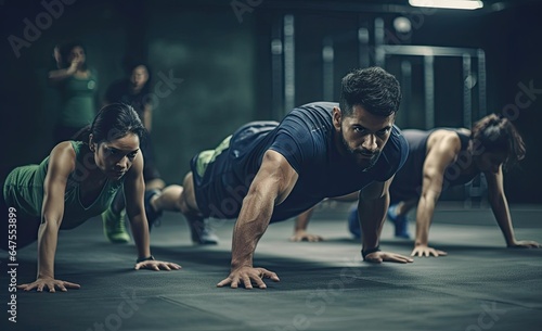Gym, fitness and people with plank exercise on floor for strength, resilience and training, focus or mindset.