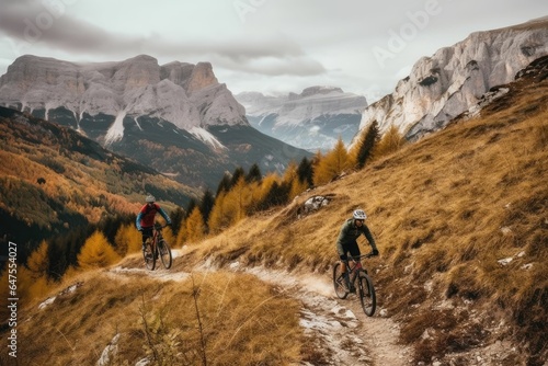 Mountain biker cyclist riding a bicycle downhill on a mountain bike trail