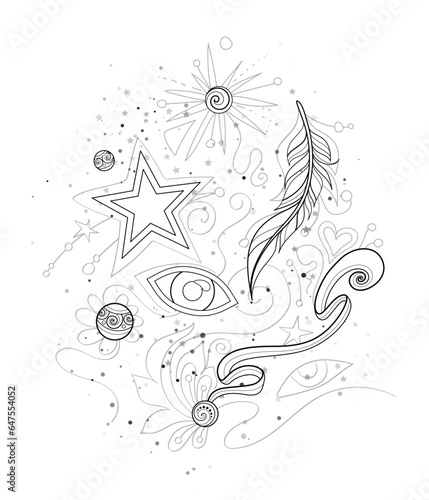 Mystical Cosmic Set of Deco Elements. Eye, Feather, Star and Beads. Aesthetic Surreal Insect. Futuristic Abstract Concept. Vector Contour Illustration on White. Coloring Book Page