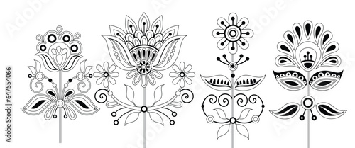 Set of Flowers Inspired by Ukrainian Traditional Embroidery. Ethnic Floral Motif, Handmade Craft Art. Single Design Elements. Coloring Book Page. Vector Contour Illustration