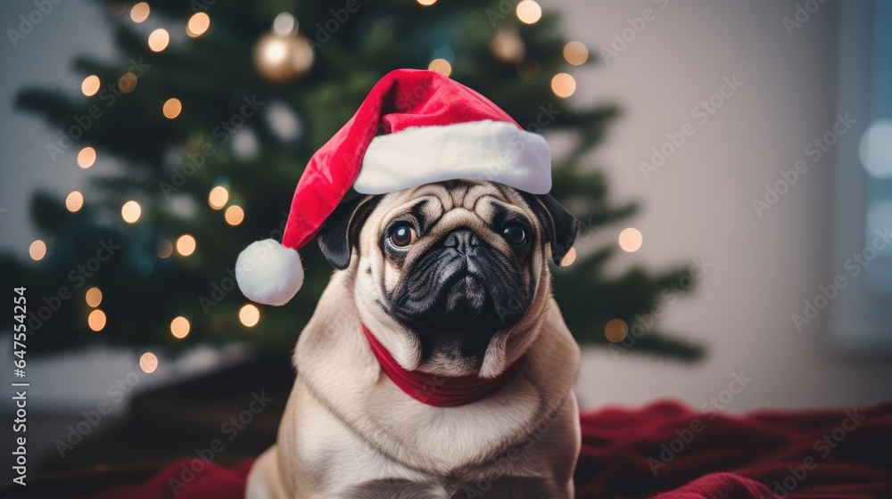Cute pug dog in santa hat on christmas background