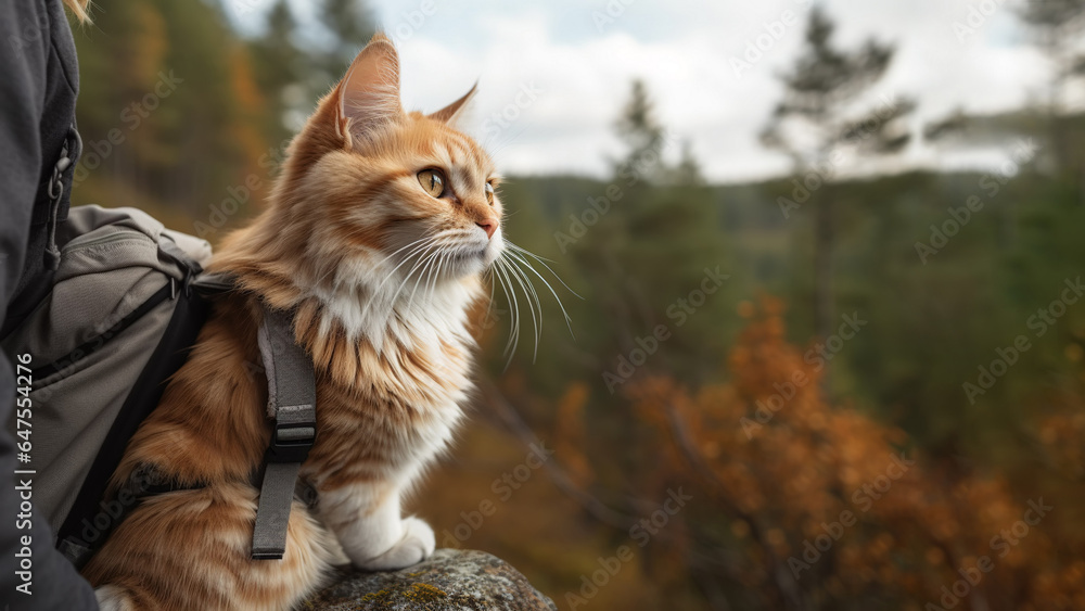 Cat with its owner hiking outdoors