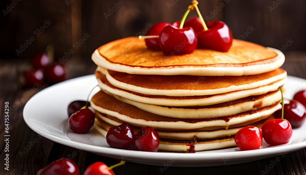 six pancakes stacked on top on a tray cherries brown wooden background style six pancakes stacked on top on a tray cherries brown wooden background style
