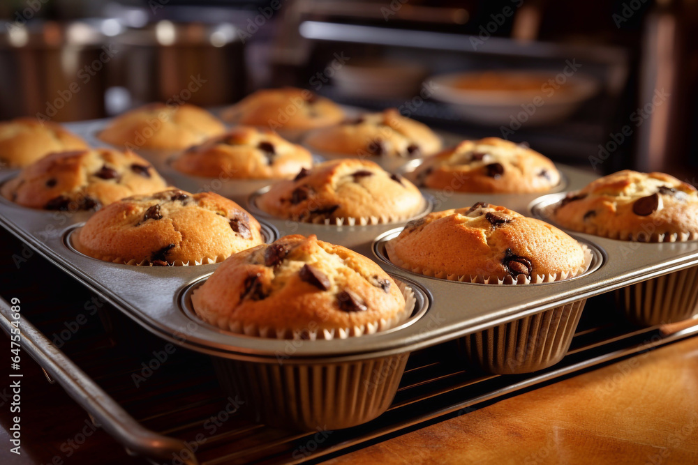 Freshly baked homemade muffins in white paper muffin cups