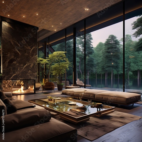 Interior design modern style, living room design indoor plant glass walls luxury oder sofa forest view outdoor swimming pool modern fireplace
