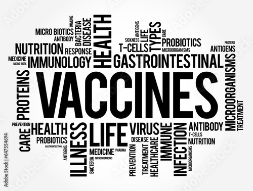 Vaccines - biological preparation that provides active acquired immunity to a particular infectious or malignant disease, word cloud concept background