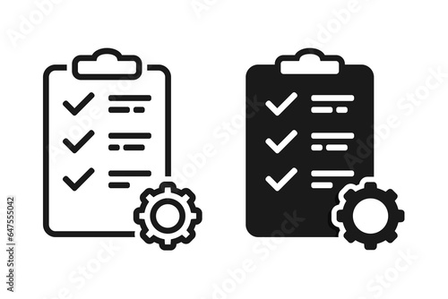 Task icon. Clipboard with checklist and gear sign. Vector illustration
