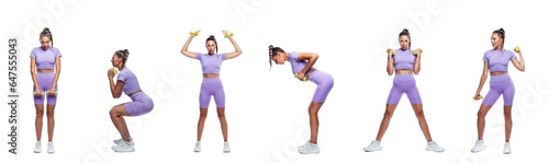 A beautiful slender woman in purple sportswear in different poses does exercises with dumbbells. Sports, activity and energy. Isolated on a white background. Collage, set. Panorama format.