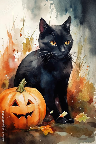 Watercolor illustration of a black cat with a Halloween pumpkin. Generative AI.