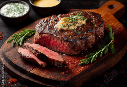 Illustrate a delicious and juicy steak photo