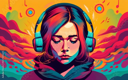 Colorful girl with headphones, auditory hallucinations photo