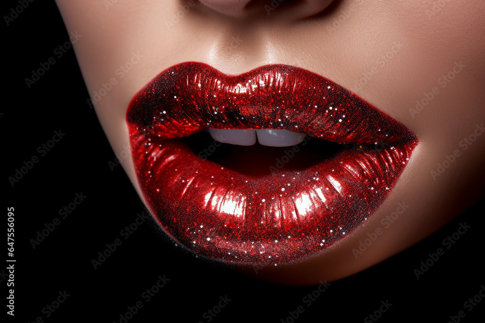 Obraz premium Sensual Beauty Red Lips Makeup Detail. Closeup of Attractive Woman's Mouth. Generative Ai.