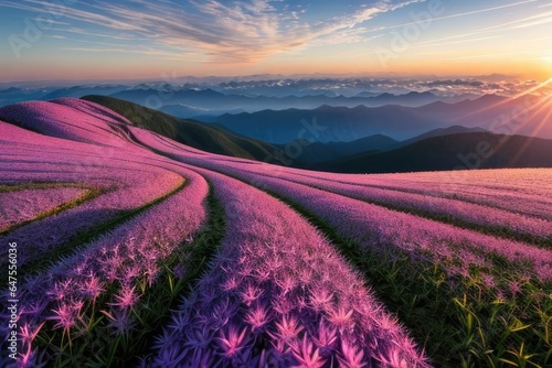 Sunrise over the mountain with beautiful flower