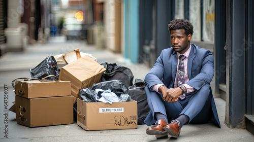 a poignant depiction of despair: a sorrowful individual seated on a sidewalk, surrounded by cardboard boxes and luggage, facing the aftermath of job loss. Ai Generated photo