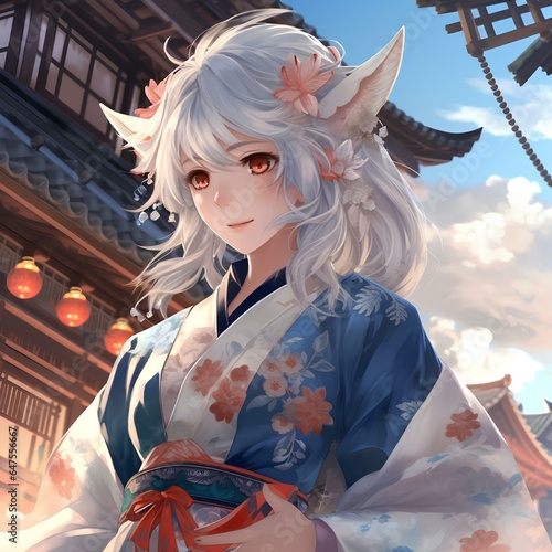 White haired anime girl wearing a blue kimono