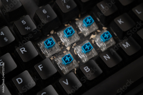 Close-up of a dirty mechanical keyboard with blue switches, with some keycaps removed and lot of debris visible.