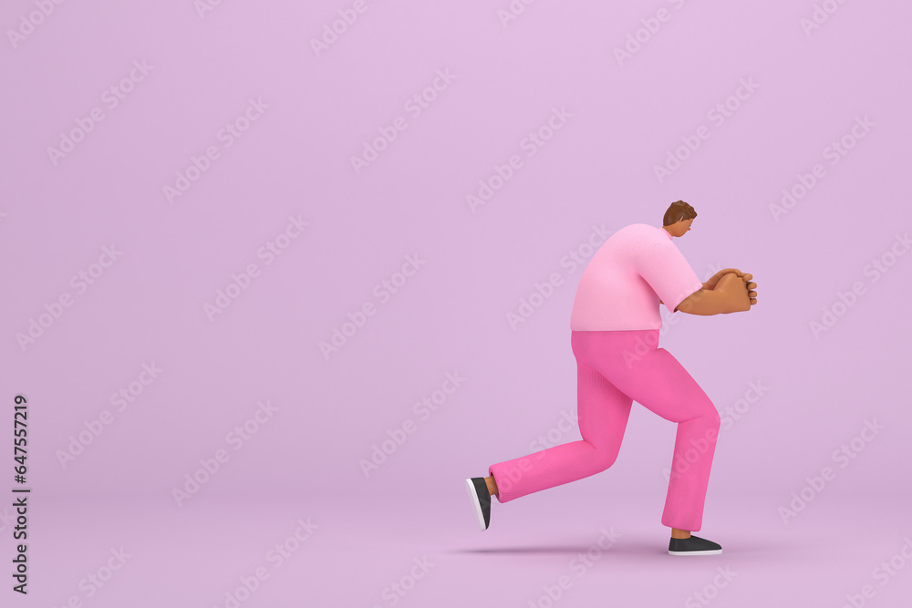The black man with pink clothes.  He is pulling or pushing something. 3d rendering of cartoon character in acting.