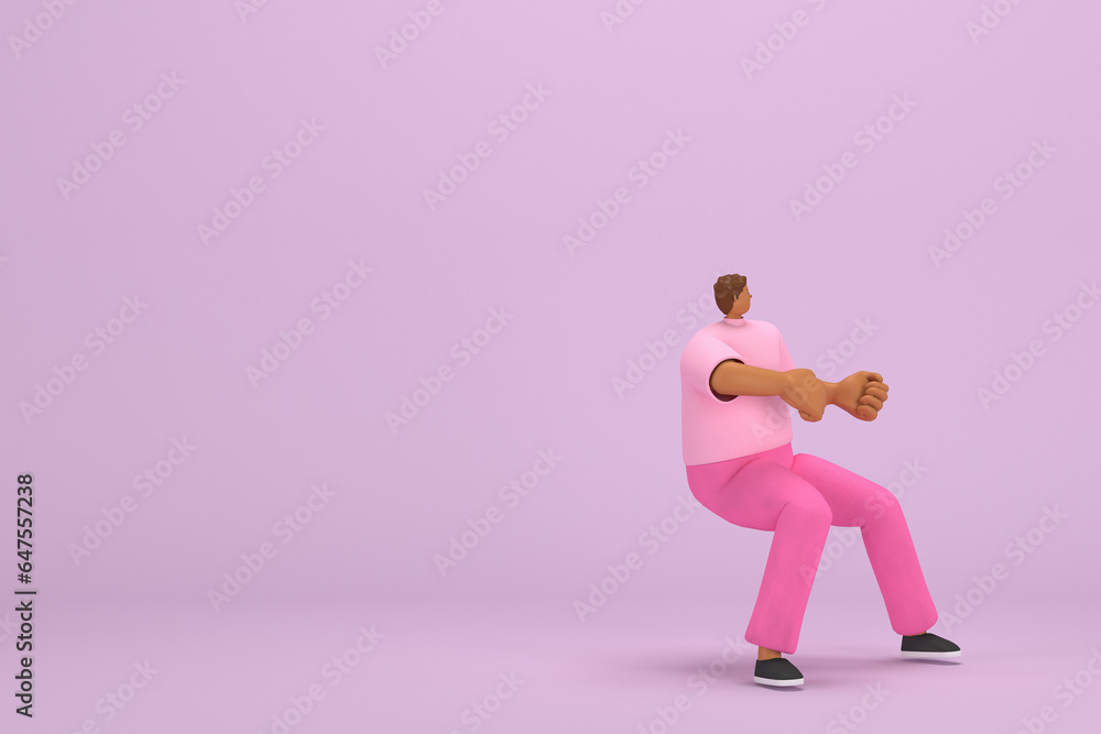 The black man with pink clothes.  He is pulling or pushing something. 3d rendering of cartoon character in acting.
