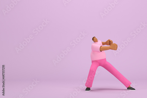 The black man with pink clothes.  He is pulling or pushing something. 3d rendering of cartoon character in acting.