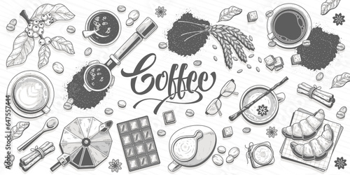 hand drawn coffee and coffee shop doodles sketch