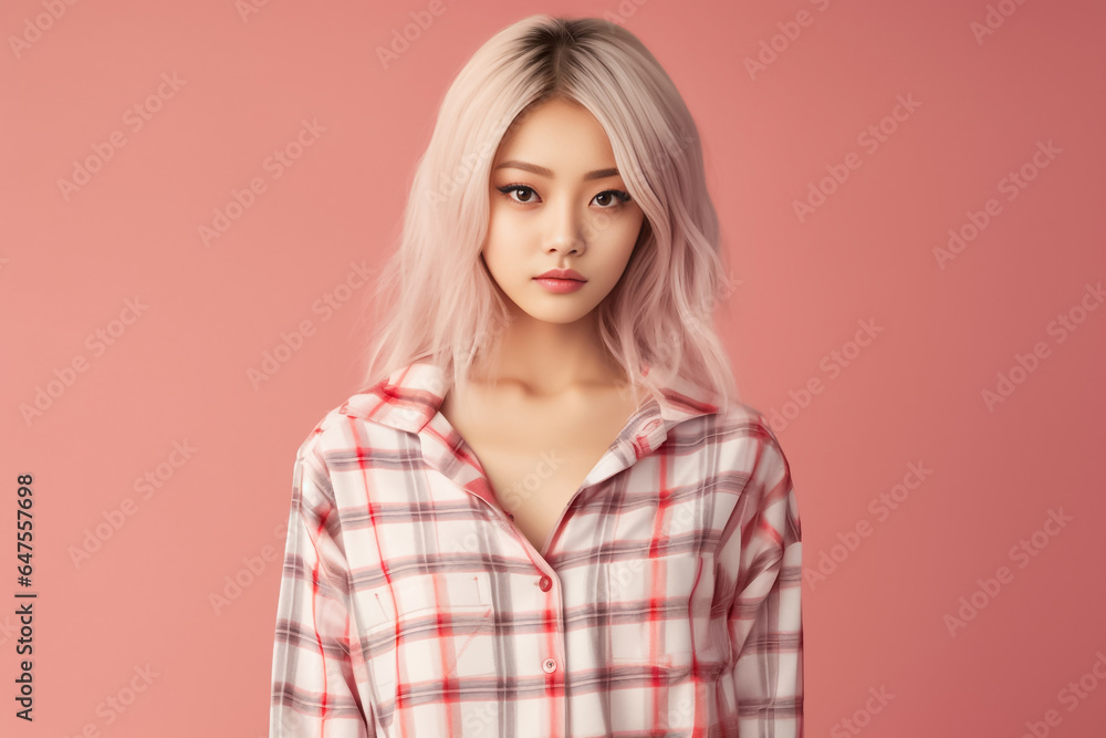 Nice suit with pattern of Scottish tartan plaid. Fashion girl wearing day and night dress plaid check pattern in grayish black, pink and sienna red. Generative AI. Nice suit with pattern of Scottish tartan plaid. Fashion girl wearing day and night dress plaid check pattern in grayish black, pink and sienna red. Generative AI.