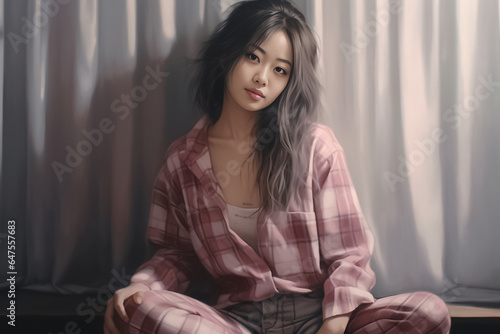 Free Download Nice suit with pattern of Scottish tartan plaid. Fashion girl wearing day and night dress plaid check pattern in grayish black, pink and sienna red. Generative AI. - GFXLoad