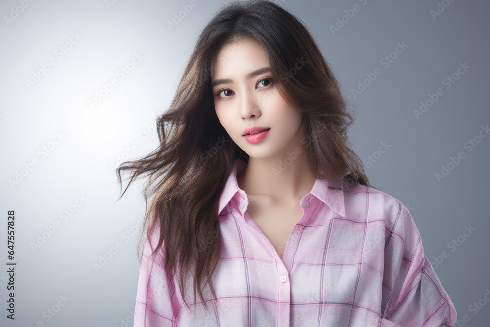 Nice suit with pattern of Scottish tartan plaid. Fashion girl wearing day and night dress plaid check pattern in grayish black, pink and sienna red. Generative AI. Nice suit with pattern of Scottish tartan plaid. Fashion girl wearing day and night dress plaid check pattern in grayish black, pink and sienna red. Generative AI.