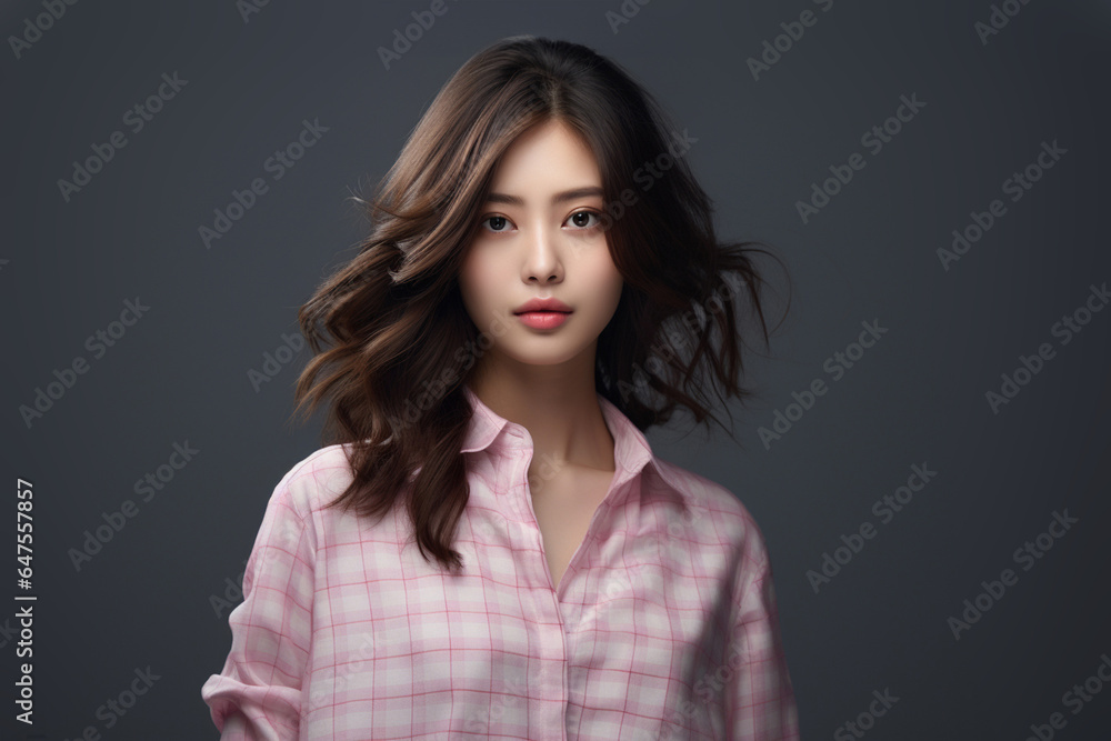 Nice suit with pattern of Scottish tartan plaid. Fashion girl wearing day and night dress plaid check pattern in grayish black, pink and sienna red. Generative AI. Nice suit with pattern of Scottish tartan plaid. Fashion girl wearing day and night dress plaid check pattern in grayish black, pink and sienna red. Generative AI.