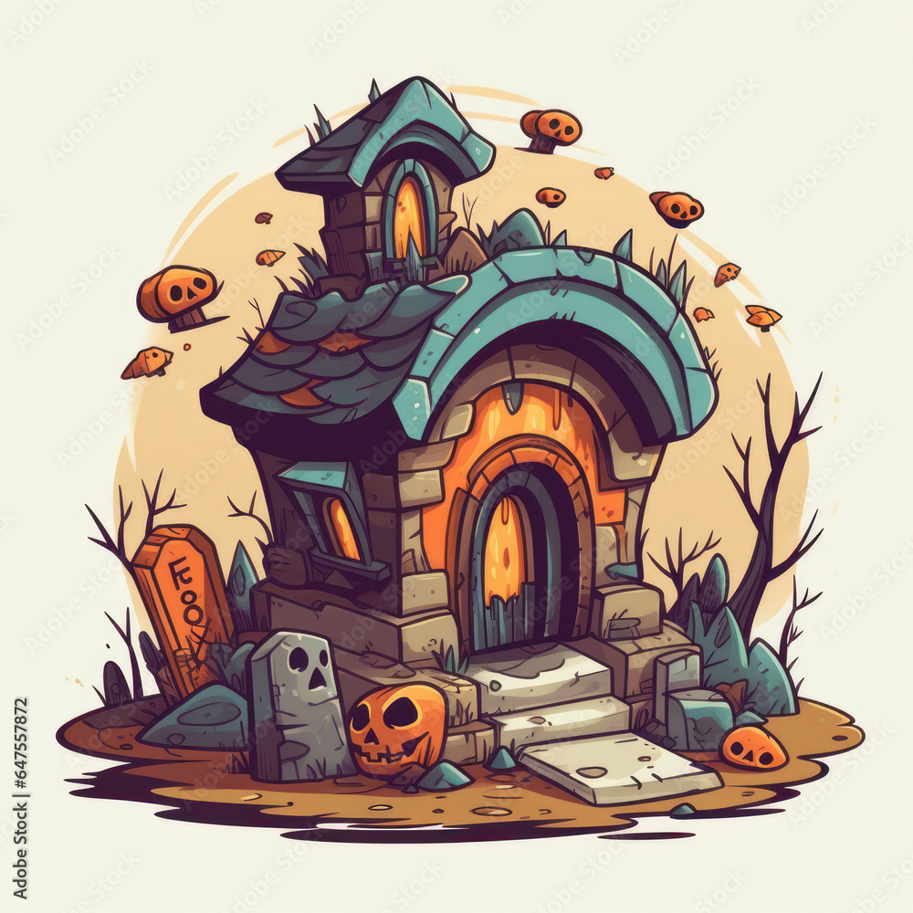 Illustration of a cartoon horror grave for Halloween. Generative AI.