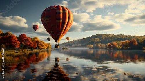 A shot of a hot air balloon floating in the autumn sky, against a backdrop of colorful trees.