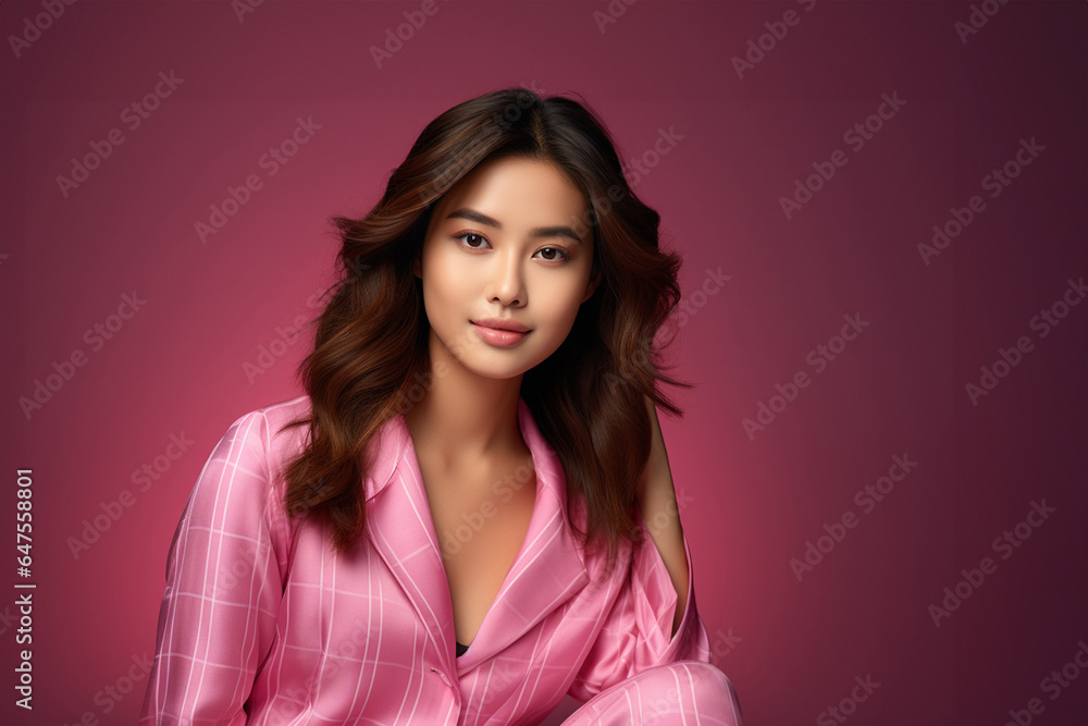 Nice suit with pattern of Scottish tartan plaid. Fashion girl wearing day and night dress plaid check pattern in grayish black, pink and sienna red. Generative AI.