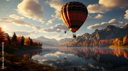 A shot of a hot air balloon floating in the autumn sky, against a backdrop of colorful trees.