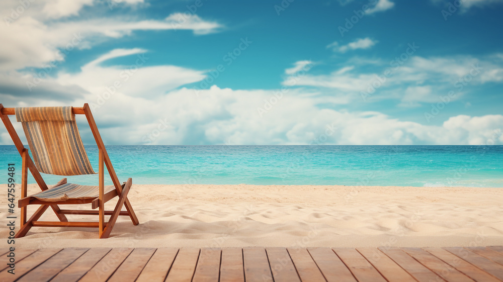 Beautiful summer beach coast landscape with empty wooden beach floor desk plank table with clouds in the sky, tropical weather.