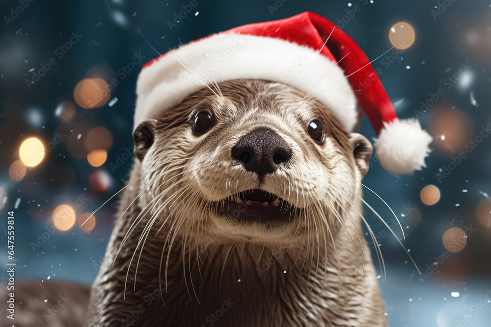 New Year animal concept, a pet during the Christmas winter holidays. The holidays are coming, a happy otter dressed as Santa brings gifts to good children. New Year animal concept, a pet during the Christmas winter holidays. The holidays are coming, a happy otter dressed as Santa brings gifts to good children.
