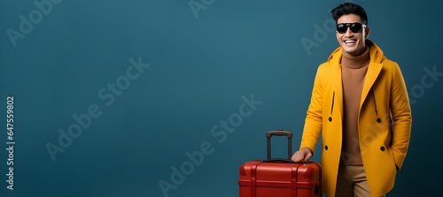 asian man with suitcase for summer trip on blue background. Vacation travel concept. copy space. genarative ai