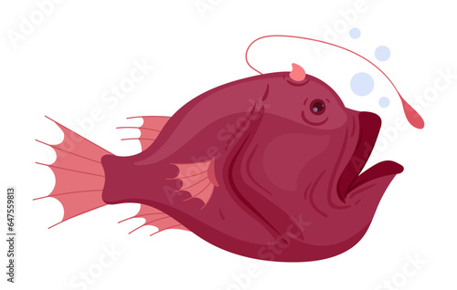 Deep sea anglerfish. Underwater monkfish predator, marine fauna living at bottom of ocean flat vector illustration. Angler fish with flashlight on head