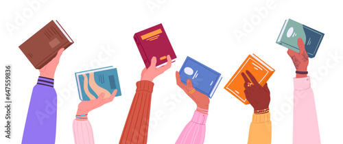 Hands holding books. Cartoon human hands with closed books. Reading, studying and literature loving people flat vector illustration set. People holding books