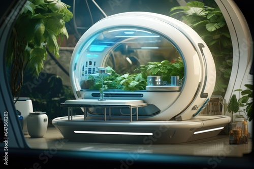 Green plants zone in the spaceship background.