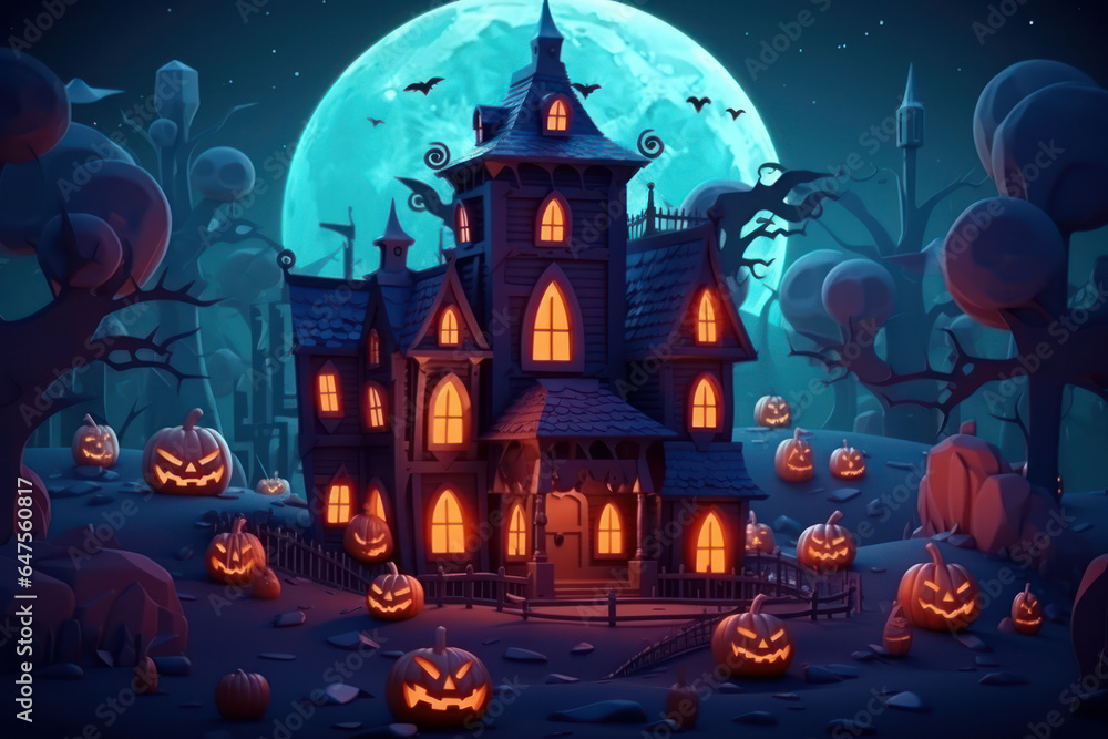 Cartoon horror house with halloween pumpkins. Generative AI.