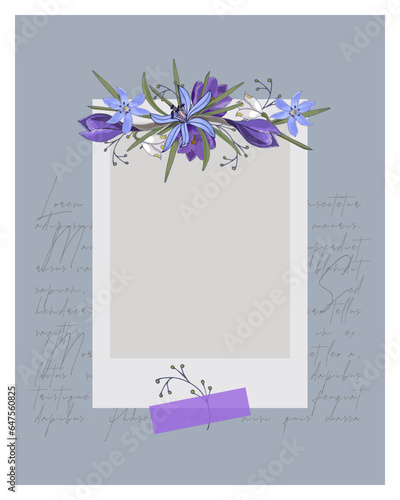 Photo frame vintage collage with ornament flowers doodle and text Lorem ipsum. Photobook. 