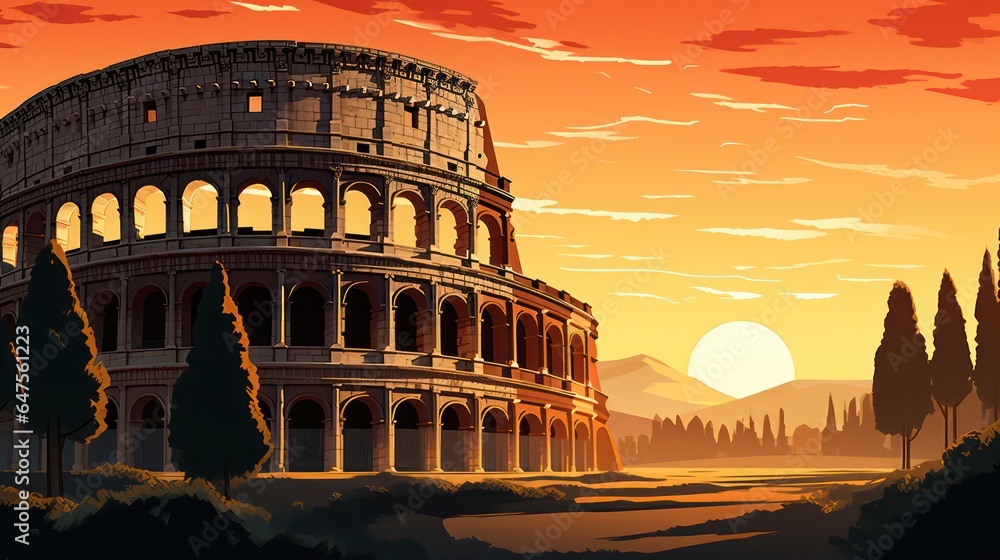 Colosseum Poster in the Morning with Sunrise Sky View generative ai